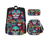 BGSHJVF Sugar Skulls Print Travel Backpack Set, Stylish 600d Oxford Cloth, Insulated Lunch Bag and Makeup Bag, Black, One Size, blackone, One Size