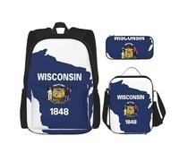 BGSHJVF Wisconsin State Flag Map Print Travel Backpack Set, Stylish 600d Oxford Cloth, Insulated Lunch Bag and Makeup Bag, Black, One Size, blackone, One Size