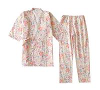 BGT Women's Summer Cotton Three-Quarter Sleeve Kimono Pajamas Japanese Style Women's Two-Piece Suit Thin Cute Fresh Home Clothes (Pink,L)
