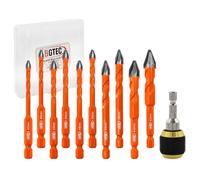 BGTEC High Hardness Skewed Head Eccentric Drill Bits Set-10pcs 5MM*2+6MM*4+8MM*2+10MM+12MM Carbide-Tipped Drill bit with a Drill Chuck Adapter for Wood Plastic Masonry Tile Glass Concrete Marble Brick