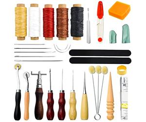 BGTXINGI 25Pcs Leather Craft Hand Tool Kit Hand Stitching Sewing Tool Handy Stitching Needle Waxed Tread Awl Groover Kit for DIY Leather Stitching Craftwork Accessory