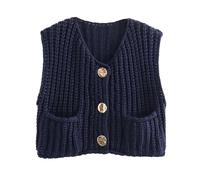 Bgylu Women's Sleeveless Chunky Knit Top Casual Cropped Button Down Sweater Vest Open Front Cardigan with Pockets, Navy, L
