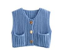Bgylu Women's Sleeveless Chunky Knit Top Casual Cropped Button Down Sweater Vest Open Front Cardigan with Pockets, Blue, M