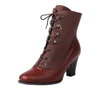 bgyujn Women's Ankle Boots Large Size Foreign Trade Autumn Winter Color Matching Tie Up Middle Heel Short Boots for Fashionable Comfort (Red, 5.5)