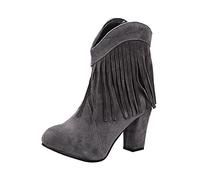 bgyujn Women's Fashion Ankle Boots with Thick High Heel Solid Color Fringe Detail Frosted Finish Stylish Footwear (Grey, 7)