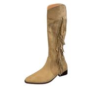 bgyujn Women's -High Boots 2023 Autumn Winter Fashion Pointed Toe Flat Sole Long Tassel Knee High Boots Lightweight Comfortable Soft Bottomed Casual Dress Boots (Khaki, 4)