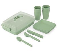 BH | 32-Piece Plastic Picnic Set | Green | Reusable | BPA Free | Ideal For Festival, Camping and Party | 6 Plates, Glass, Knives, Forks, Spoons and Storage Containers - by BEST HOUSE