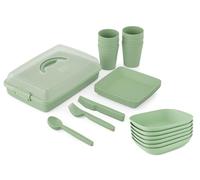 BH | 38-Piece Plastic Picnic Set | Green | Reusable | BPA Free | Ideal for Festival, Camping and Party | 12 Pcs Plates | 6 Pcs - Glass, Knives, Forks, Spoons and Storage Containers - by Best House