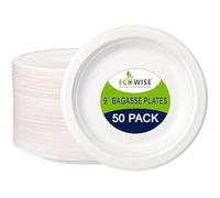 BH | Pack of 50-9" Bagasse Plates | Eco Friendly | 100% Biodegradable Compostable | Sugercane| Paper| White| Super Strong | Dinner Party| Everyday Wedding| Picnic BBQ Office - by Best House