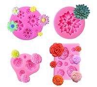BHAHAI 4PCS Flower Moulds, Silicon Flower Mold Daisy Mould Chocolate Rose Moulds Flower Fondant Cake Molds Fondant Flower Mould Rose Flower Silicone Mould for Jelly Candy Sugar