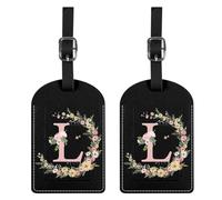 BHAHB 2 Pack Luggage Tag Luggage Tags PU Leather Suitcase Tags Aesthetic Cute Travel Bag Labels for Women Girls (Black Letter-L)