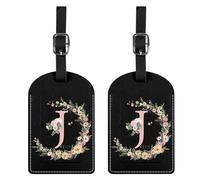 BHAHB 2 Pack Luggage Tag Luggage Tags PU Leather Suitcase Tags Aesthetic Cute Travel Bag Labels for Women Girls (Black Letter-J)