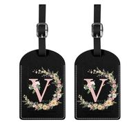 BHAHB 2 Pack Luggage Tag Luggage Tags PU Leather Suitcase Tags Aesthetic Cute Travel Bag Labels for Women Girls (Black Letter-V)