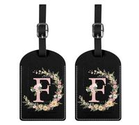 BHAHB 2 Pack Luggage Tag Luggage Tags PU Leather Suitcase Tags Aesthetic Cute Travel Bag Labels for Women Girls (Black Letter-F)