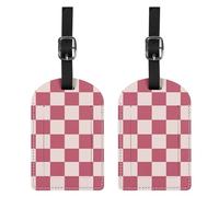 BHAHB 2 Pack Luggage Tag Luggage Tags PU Leather Suitcase Tags Aesthetic Cute Travel Bag Labels for Women Girls (P12-Pink Checkered)