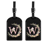 BHAHB 2 Pack Luggage Tag Luggage Tags PU Leather Suitcase Tags Aesthetic Cute Travel Bag Labels for Women Girls (Black Letter-W)