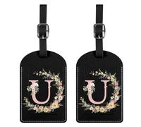 BHAHB 2 Pack Luggage Tag Luggage Tags PU Leather Suitcase Tags Aesthetic Cute Travel Bag Labels for Women Girls (Black Letter-U)