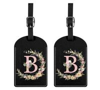 BHAHB 2 Pack Luggage Tag Luggage Tags PU Leather Suitcase Tags Aesthetic Cute Travel Bag Labels for Women Girls (Black Letter-B)