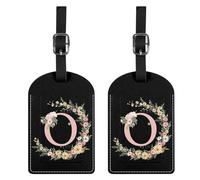 BHAHB 2 Pack Luggage Tag Luggage Tags PU Leather Suitcase Tags Aesthetic Cute Travel Bag Labels for Women Girls (Black Letter-O)