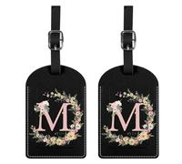 BHAHB 2 Pack Luggage Tag Luggage Tags PU Leather Suitcase Tags Aesthetic Cute Travel Bag Labels for Women Girls (Black Letter-M)