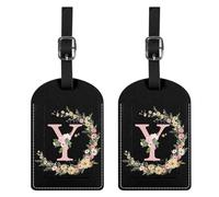 BHAHB 2 Pack Luggage Tag Luggage Tags PU Leather Suitcase Tags Aesthetic Cute Travel Bag Labels for Women Girls (Black Letter-Y)