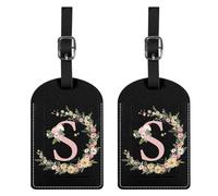 BHAHB 2 Pack Luggage Tag Luggage Tags PU Leather Suitcase Tags Aesthetic Cute Travel Bag Labels for Women Girls (Black Letter-S)