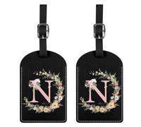 BHAHB 2 Pack Luggage Tag Luggage Tags PU Leather Suitcase Tags Aesthetic Cute Travel Bag Labels for Women Girls (Black Letter-N)