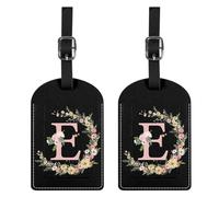 BHAHB 2 Pack Luggage Tag Luggage Tags PU Leather Suitcase Tags Aesthetic Cute Travel Bag Labels for Women Girls (Black Letter-E)
