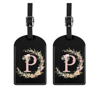 BHAHB 2 Pack Luggage Tag Luggage Tags PU Leather Suitcase Tags Aesthetic Cute Travel Bag Labels for Women Girls (Black Letter-P)