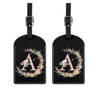 BHAHB 2 Pack Luggage Tag Luggage Tags PU Leather Suitcase Tags Aesthetic Cute Travel Bag Labels for Women Girls (Black Letter-A)