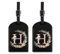 BHAHB 2 Pack Luggage Tag Luggage Tags PU Leather Suitcase Tags Aesthetic Cute Travel Bag Labels for Women Girls (Black Letter-H)