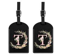BHAHB 2 Pack Luggage Tag Luggage Tags PU Leather Suitcase Tags Aesthetic Cute Travel Bag Labels for Women Girls (Black Letter-T)