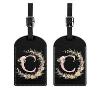 BHAHB 2 Pack Luggage Tag Luggage Tags PU Leather Suitcase Tags Aesthetic Cute Travel Bag Labels for Women Girls (Black Letter-C)