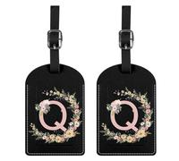 BHAHB 2 Pack Luggage Tag Luggage Tags PU Leather Suitcase Tags Aesthetic Cute Travel Bag Labels for Women Girls (Black Letter-Q)