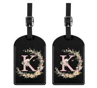 BHAHB 2 Pack Luggage Tag Luggage Tags PU Leather Suitcase Tags Aesthetic Cute Travel Bag Labels for Women Girls (Black Letter-K)