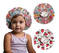 BHAHB 2 PCS Kids Bonnet Satin Silk Bonnets Double Layer Elastic Adjustable Hair Caps for Sleeping Reusable Cute Aesthetic (G11-Flowers Strawberry)