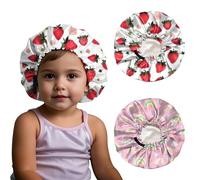 BHAHB 2 PCS Kids Bonnet Satin Silk Bonnets Double Layer Elastic Adjustable Hair Caps for Sleeping Reusable Cute Aesthetic (G9-Strawberry)