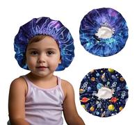 BHAHB 2 PCS Kids Bonnet Satin Silk Bonnets Double Layer Elastic Adjustable Hair Caps for Sleeping Reusable Cute Aesthetic (G14-Astronaut Stars)