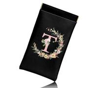 BHAHB Glasses Eyeglass Sunglasses Case Pouch Initial Letter Soft PU Leather Cute Aesthetic with Cleaning Cloth for Unisex Women Girls (Black-T)