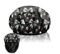 BHAHB Luxury Shower Cap Reusable Terry Cloth Lined EVA Triple Waterproof Layer Elastic Hair Bath Caps for Women Girls Cute (F7-Grey Bowknot)