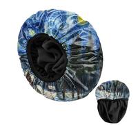 BHAHB Luxury Shower Cap Reusable Terry Cloth Lined EVA Triple Waterproof Layer Elastic Hair Bath Caps for Women Girls Cute (U8-Starry Night)