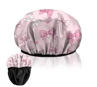 BHAHB Luxury Shower Cap Reusable Terry Cloth Lined EVA Triple Waterproof Layer Elastic Hair Bath Caps for Women Girls Cute (F6-Pink Bowknot)