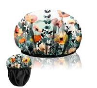 BHAHB Luxury Shower Cap Reusable Terry Cloth Lined EVA Triple Waterproof Layer Elastic Hair Bath Caps for Women Girls Cute (F3-Leaf Flower)