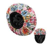 BHAHB Luxury Shower Cap Reusable Terry Cloth Lined EVA Triple Waterproof Layer Elastic Hair Bath Caps for Women Girls Cute (U12-Flowers)