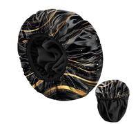 BHAHB Luxury Shower Cap Reusable Terry Cloth Lined EVA Triple Waterproof Layer Elastic Hair Bath Caps for Women Girls Cute (U6-Black Marble)