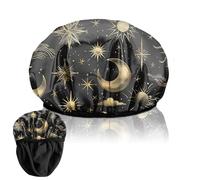 BHAHB Luxury Shower Cap Reusable Terry Cloth Lined EVA Triple Waterproof Layer Elastic Hair Bath Caps for Women Girls Cute (F10-Sun Moon)