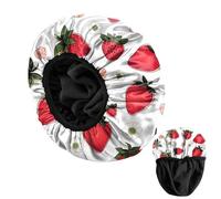 BHAHB Luxury Shower Cap Reusable Terry Cloth Lined EVA Triple Waterproof Layer Elastic Hair Bath Caps for Women Girls Cute (U2-Strawberry)