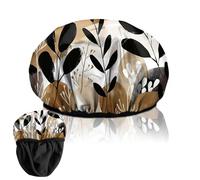 BHAHB Luxury Shower Cap Reusable Terry Cloth Lined EVA Triple Waterproof Layer Elastic Hair Bath Caps for Women Girls Cute (F13-Leaf)