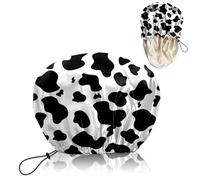BHAHB Luxury Shower Cap Reusable Waterproof Double Layer Elastic Adjustable Satin Lined Hair Bath Cap Cute Aesthetic Women Girls (W7-Cow Leopard)