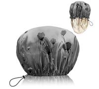 BHAHB Luxury Shower Cap Reusable Waterproof Double Layer Elastic Adjustable Satin Lined Hair Bath Cap Cute Aesthetic Women Girls (W15-Black Flower)
